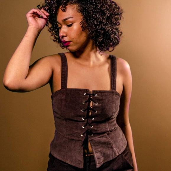 Brown corduroy lace up tank top - Picture 1 of 1